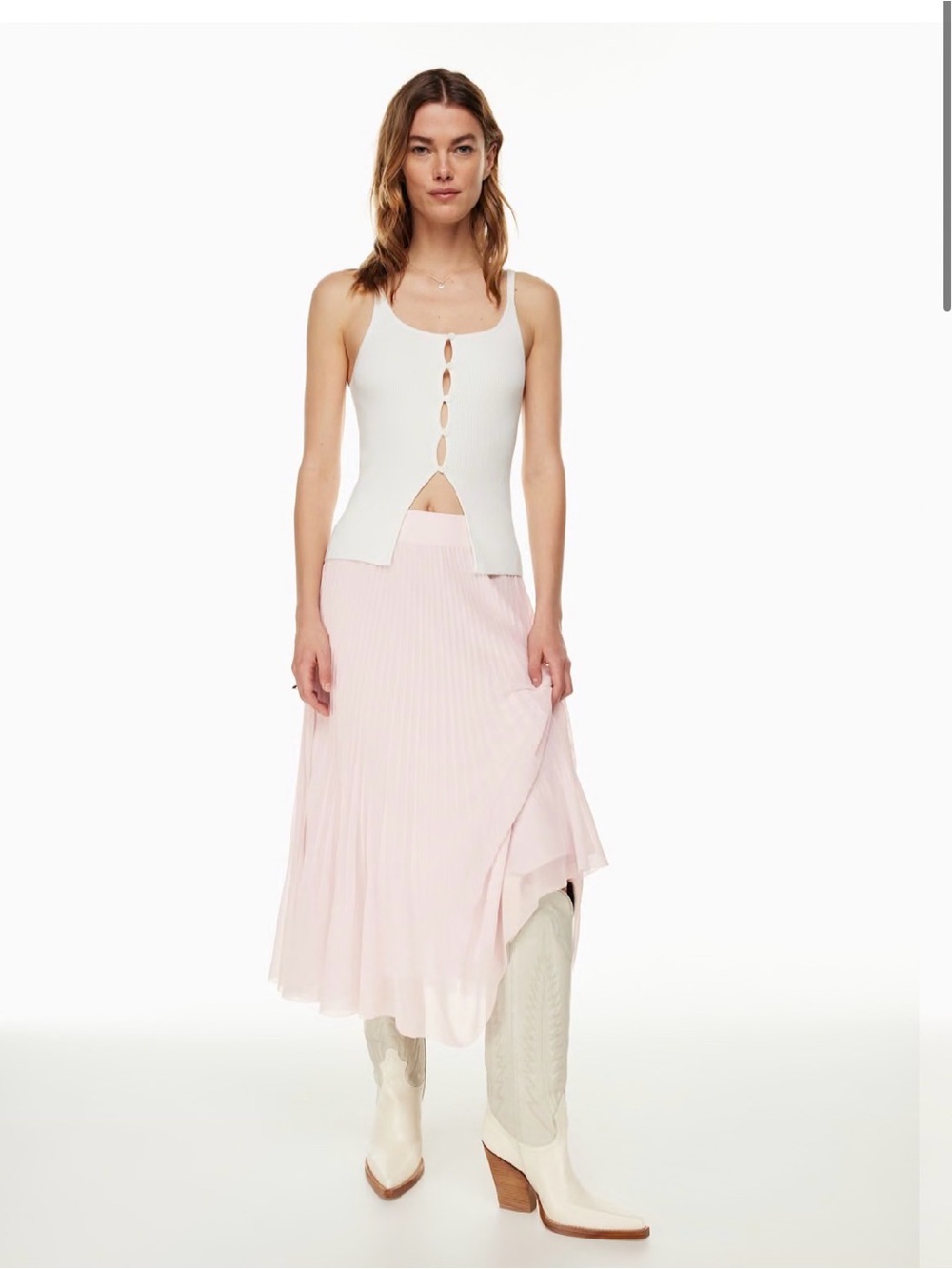 Aritzia Wilfred Twirl Pleated Midi Skirt in Mochi Pink